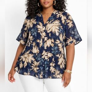 Coldwater Creek Pleated Lined Blouse Floral Print Short Sleeve 2X